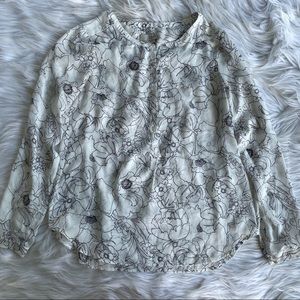 Loft cream black floral long sleeve blouse